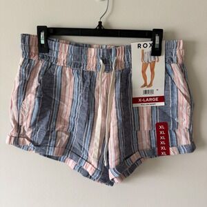 Roxy Womens XL Blue Pink Striped Linen Blend Pull-On Shorts NWT
